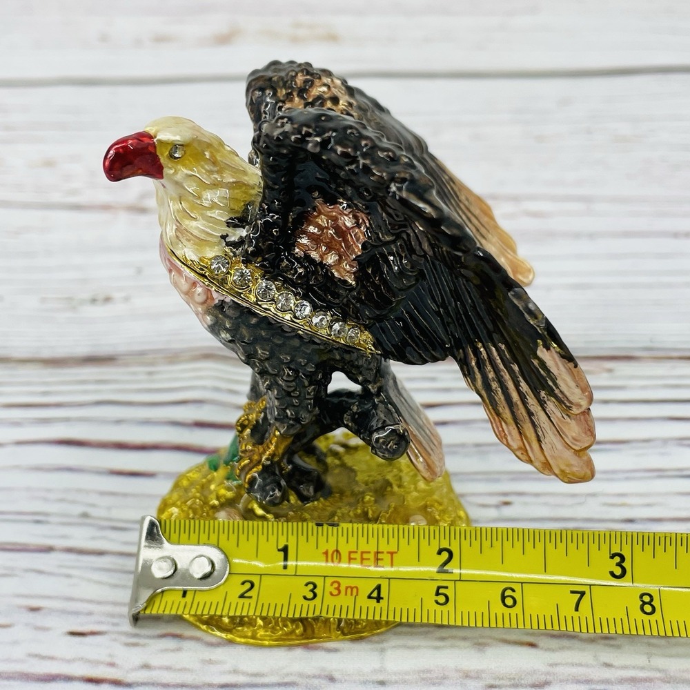 Metal Jeweled Enamel Bald Eagle Trinket Box Rhinestones - Picture 9 of 9